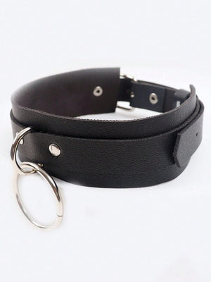 1pc Black Leather Punk Collar With O-Ring - Negative Apparel