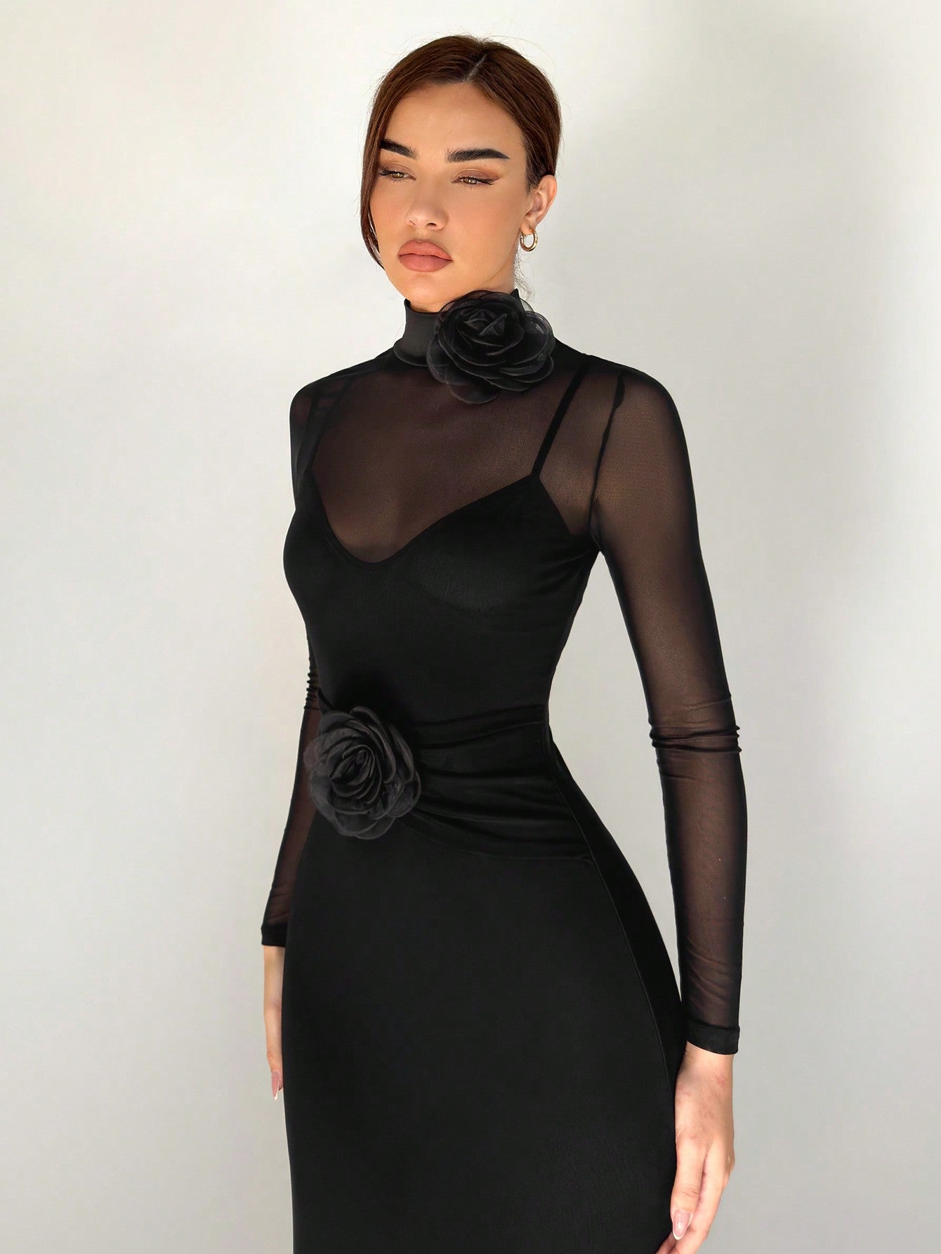 1pc Black Mesh Floral 3D Applique Long Sleeve Bodycon Dress For Women - Negative Apparel