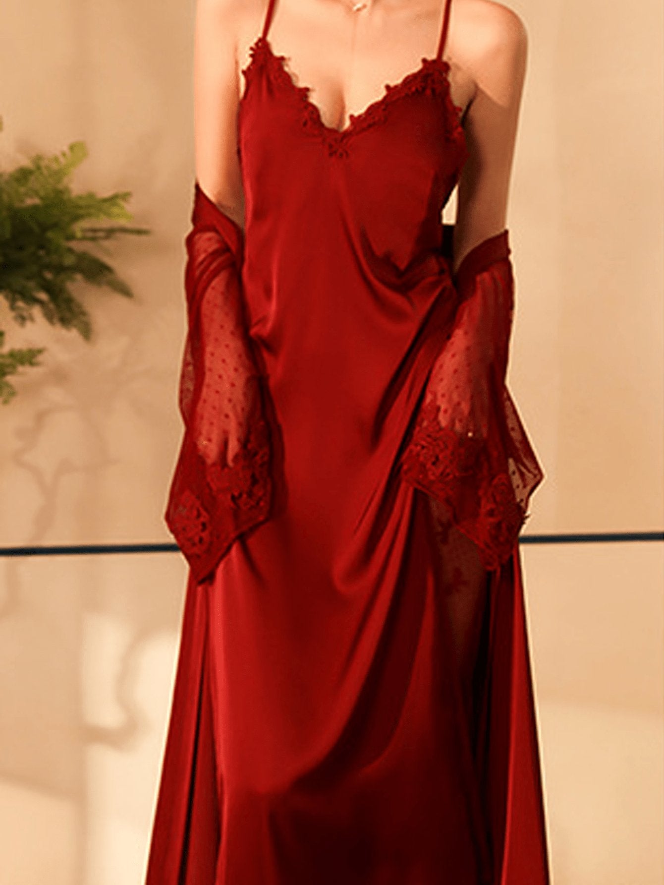 1pc Burgundy Sexy Ice Silk Nightgown, Lengthen Nightdress With Ladies Satin Home Wear Camisole Dress - Negative Apparel