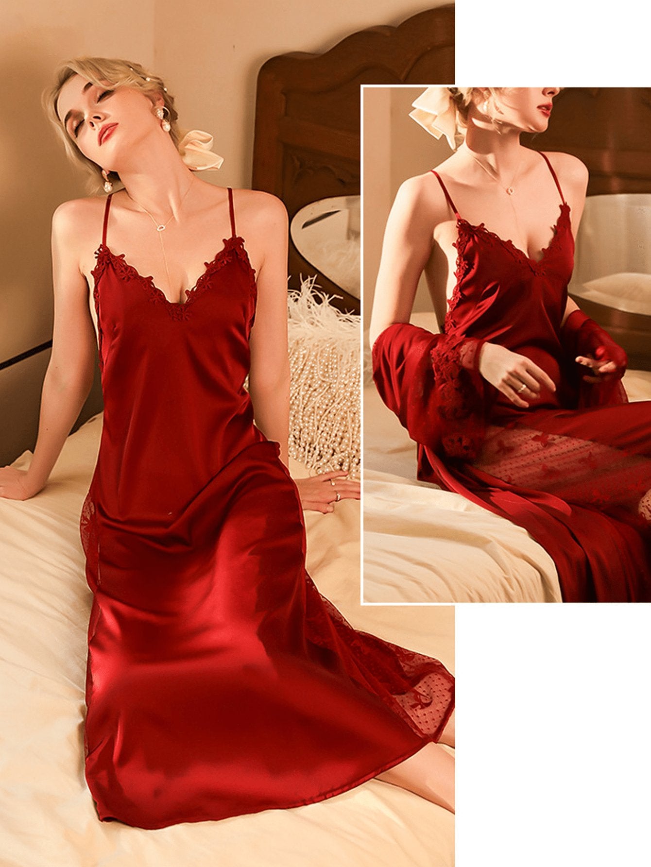 1pc Burgundy Sexy Ice Silk Nightgown, Lengthen Nightdress With Ladies Satin Home Wear Camisole Dress - Negative Apparel