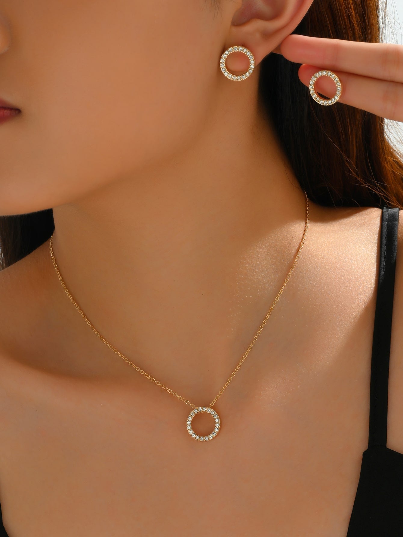 1pc Charming & Elegant Diamond Pendant Necklace With 1pair Round Earrings - Negative Apparel