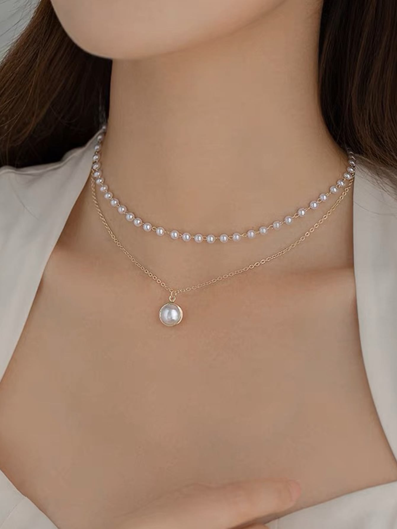 1pc Double Layer Faux Pearl Beaded Elegant Pendant Necklace - Negative Apparel