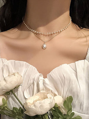 1pc Double Layer Faux Pearl Beaded Elegant Pendant Necklace - Negative Apparel