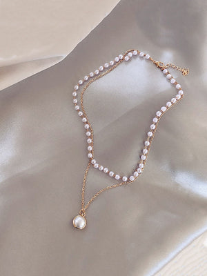 1pc Double Layer Faux Pearl Beaded Elegant Pendant Necklace - Negative Apparel