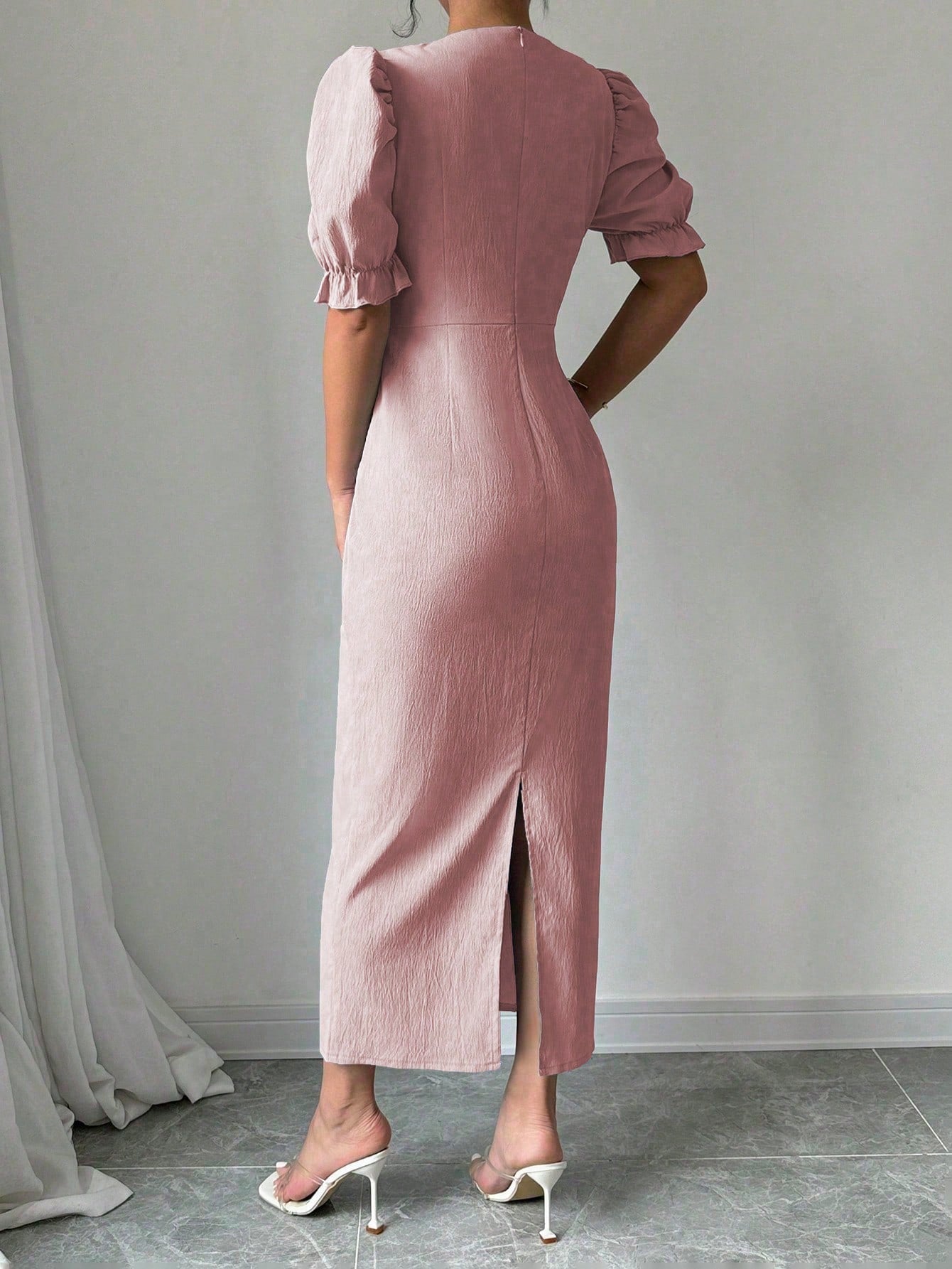 1pc Elegant Bowknot Puff Sleeve Split Side Knee - Length Dress, Short Sleeve Maxi Women Outfit - Negative Apparel