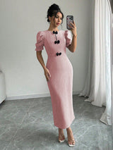 1pc Elegant Bowknot Puff Sleeve Split Side Knee - Length Dress, Short Sleeve Maxi Women Outfit - Negative Apparel