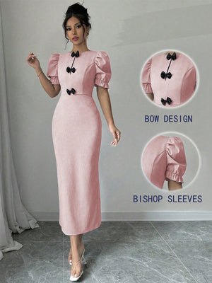 1pc Elegant Bowknot Puff Sleeve Split Side Knee - Length Dress, Short Sleeve Maxi Women Outfit - Negative Apparel