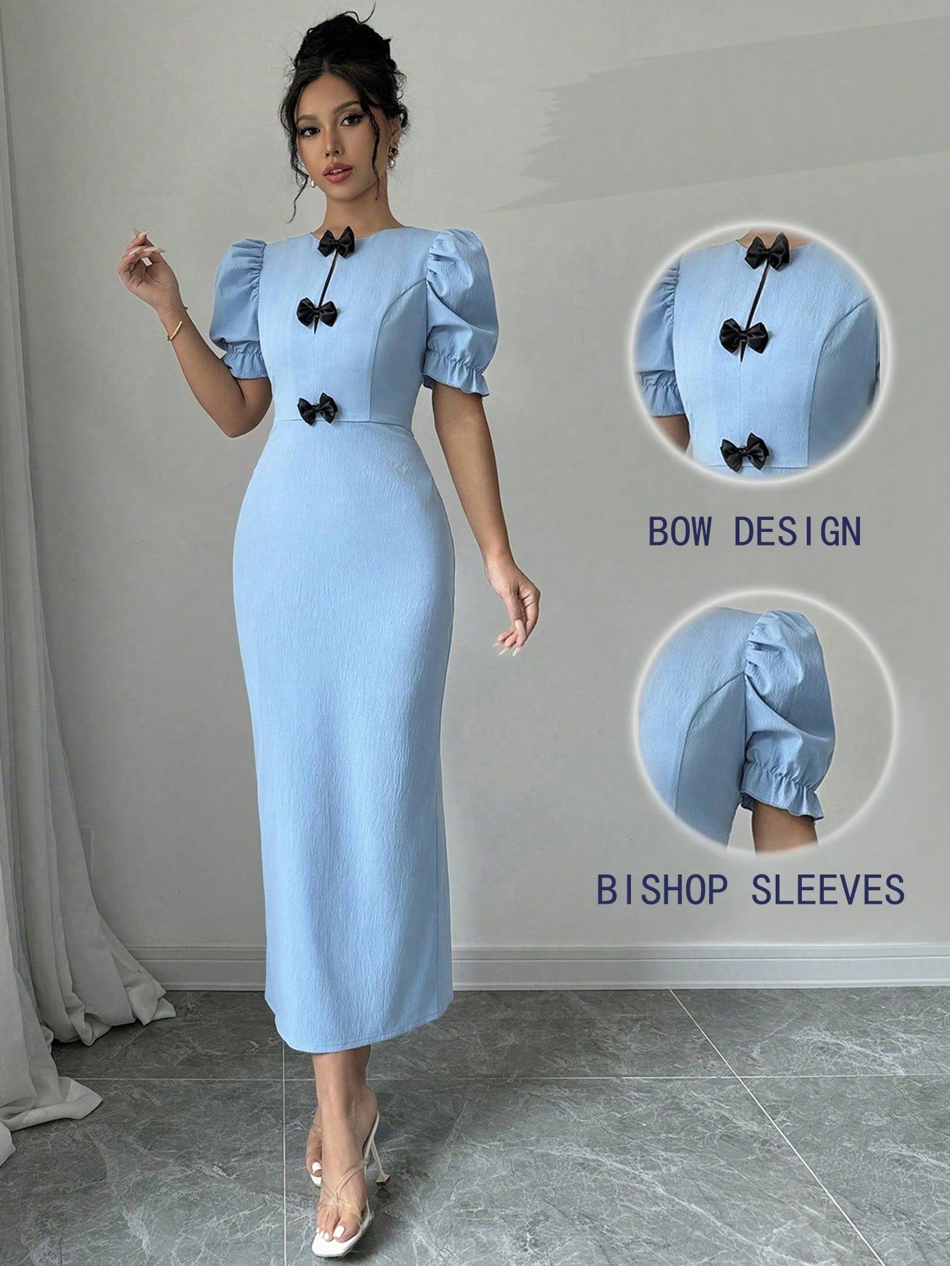 1pc Elegant Bowknot Puff Sleeve Split Side Knee - Length Dress, Short Sleeve Maxi Women Outfit - Negative Apparel