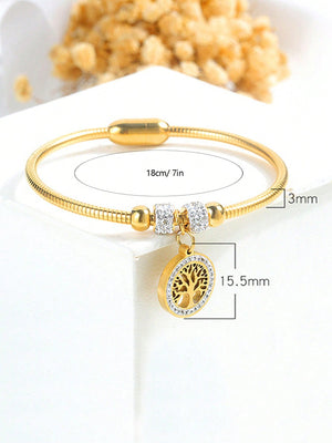 1pc Fashion Stainless Steel Rhinestone & Tree Decor Round Charm Bangle For Women For Daily Life - Negative Apparel