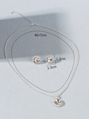 1pc Geometric Crystal Charm Necklace & 1pair Stud Earrings - Negative Apparel