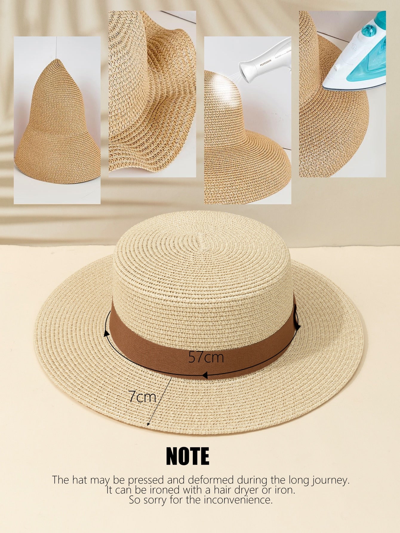 1pc Khaki British Style Vintage Fashion Sun Protection Belt Beach Sunshade Flat Top Straw Hat - Negative Apparel