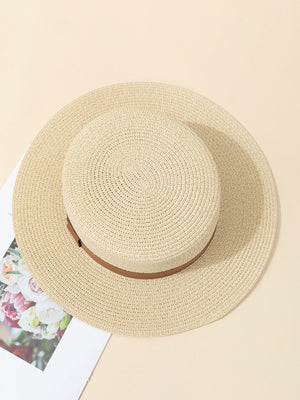 1pc Khaki British Style Vintage Fashion Sun Protection Belt Beach Sunshade Flat Top Straw Hat - Negative Apparel