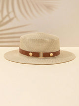 1pc Khaki British Style Vintage Fashion Sun Protection Belt Beach Sunshade Flat Top Straw Hat - Negative Apparel