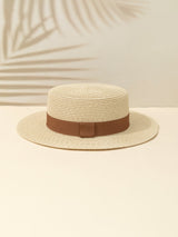 1pc Khaki British Style Vintage Fashion Sun Protection Belt Beach Sunshade Flat Top Straw Hat - Negative Apparel