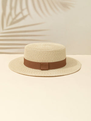 1pc Khaki British Style Vintage Fashion Sun Protection Belt Beach Sunshade Flat Top Straw Hat - Negative Apparel