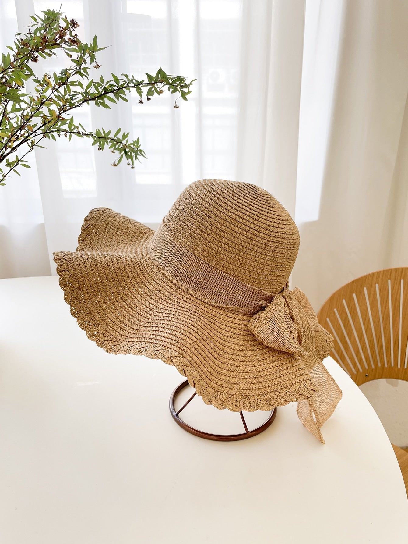 1pc Khaki Women's Vacation Beach Hat With Wavy Edge Boho - Negative Apparel