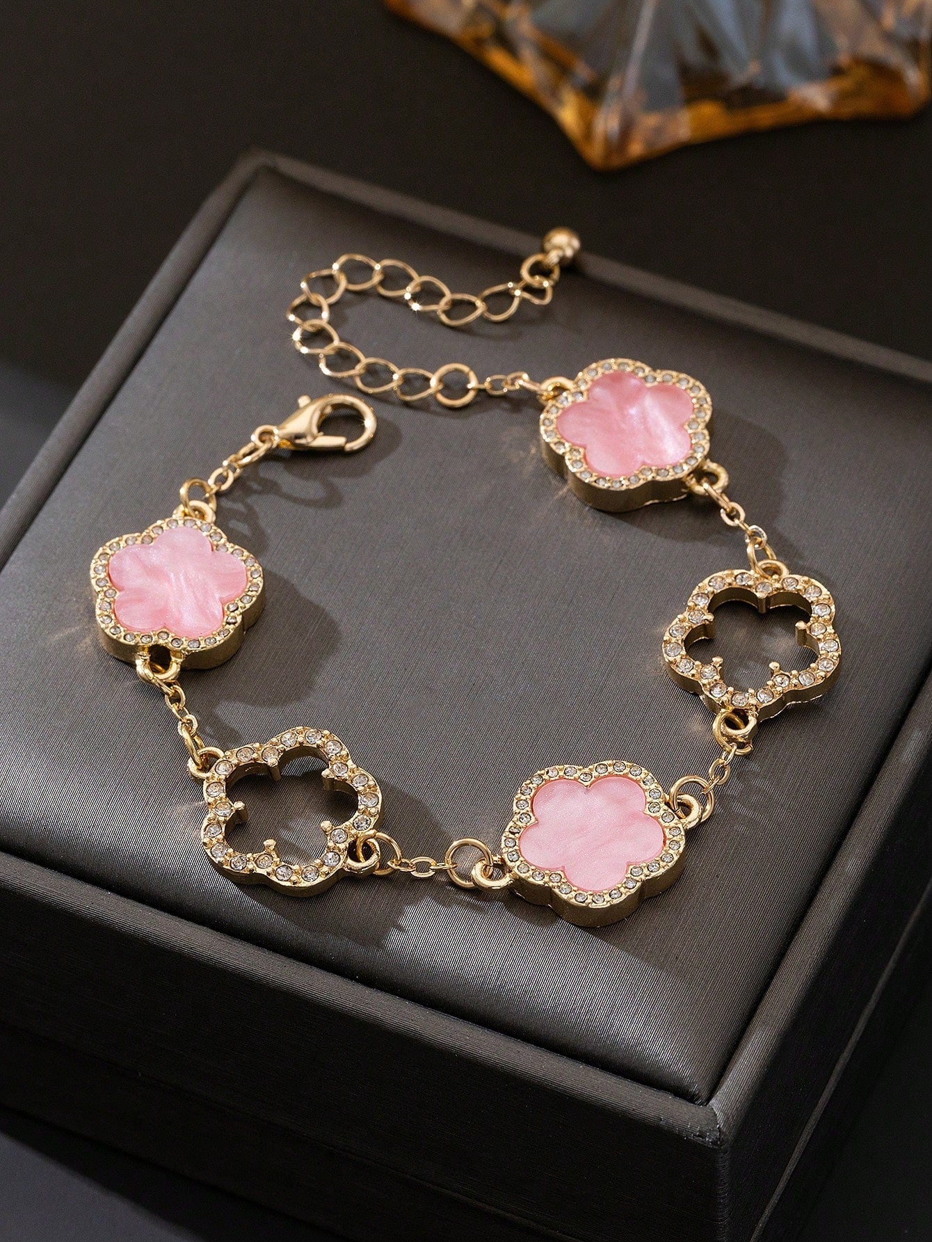 1pc Luxury Elegant Rhinestone Hollow Clover & Flower Charm Bracelet FD - Negative Apparel