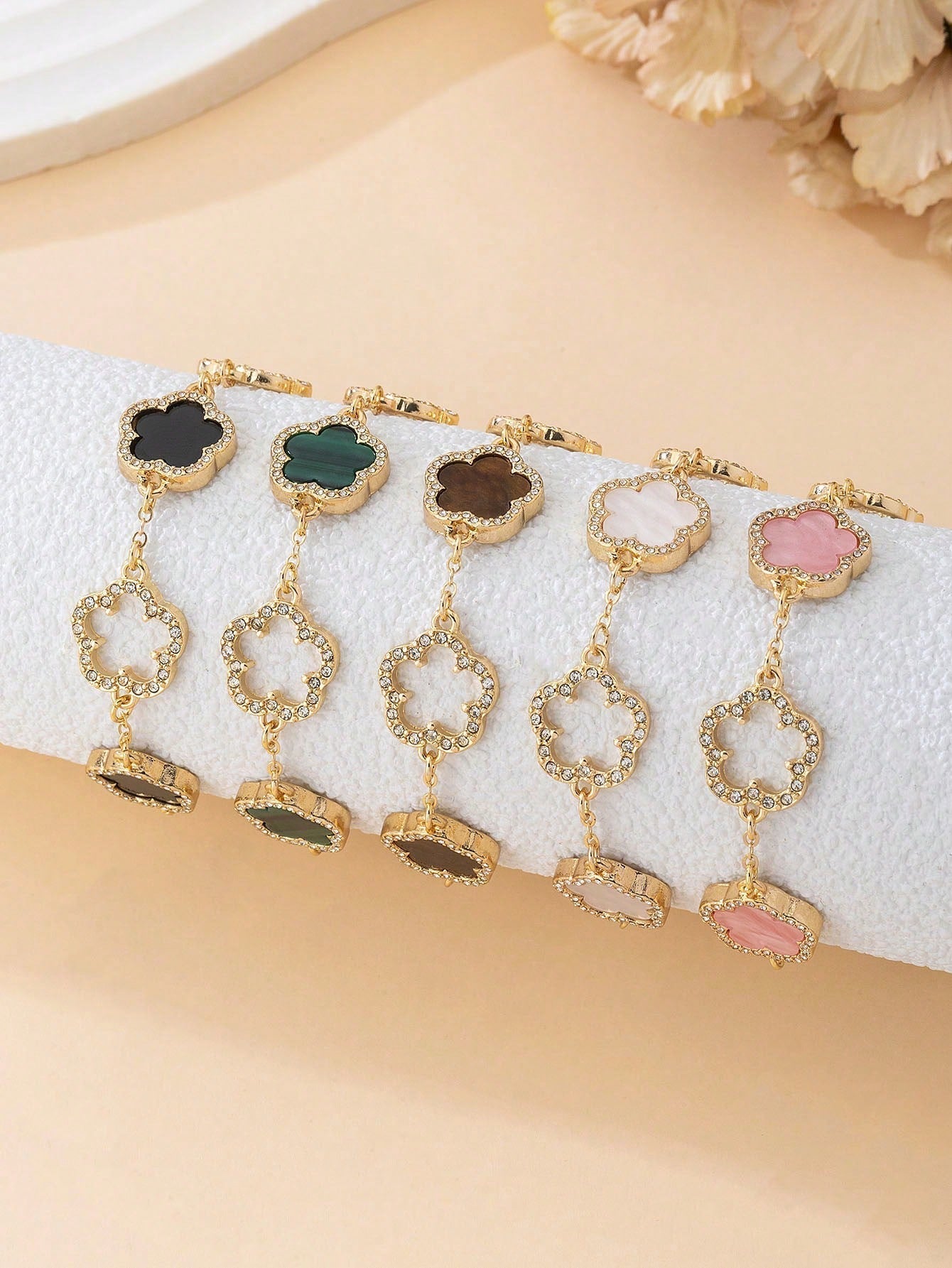 1pc Luxury Elegant Rhinestone Hollow Clover & Flower Charm Bracelet FD - Negative Apparel