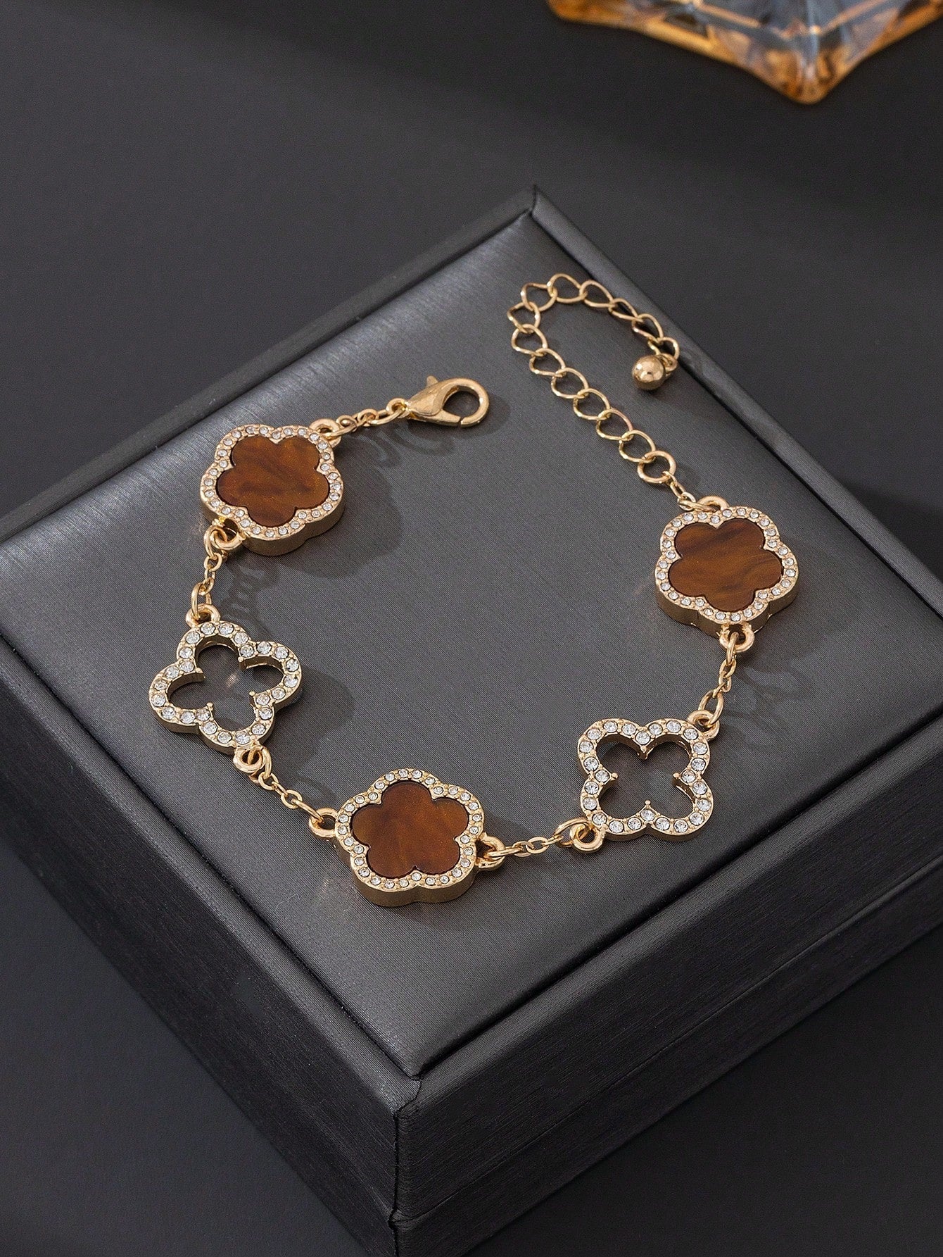 1pc Luxury Elegant Rhinestone Hollow Clover & Flower Charm Bracelet FD - Negative Apparel