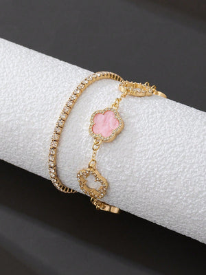 1pc Luxury Elegant Rhinestone Hollow Clover & Flower Charm Bracelet FD - Negative Apparel