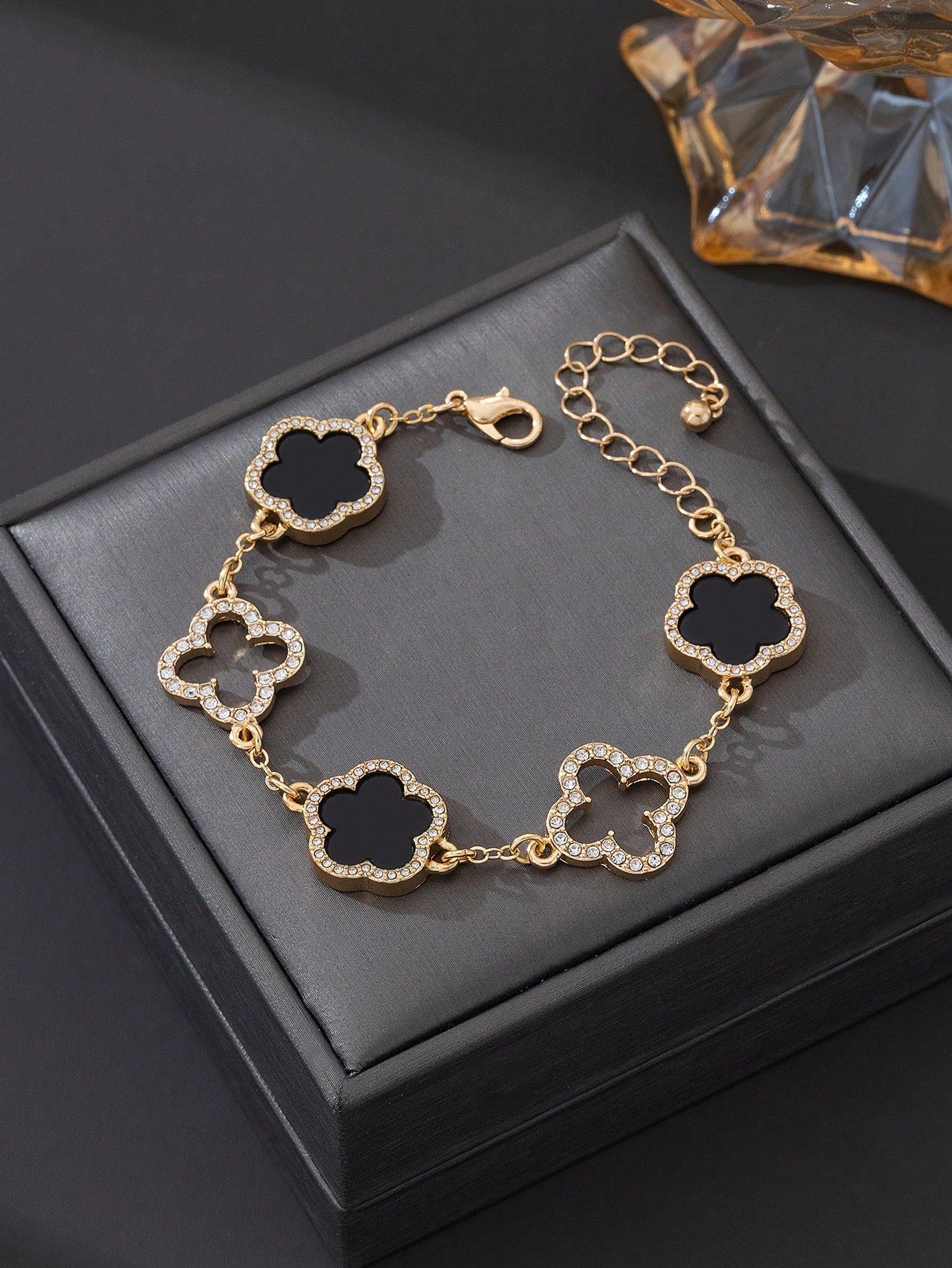 1pc Luxury Elegant Rhinestone Hollow Clover & Flower Charm Bracelet FD - Negative Apparel