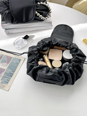 1pc Portable Polyester Makeup Storage Bag, Daily Black Drawstring Design Make Up Organizer Storage Bag For Outdoor Travel - Negative Apparel