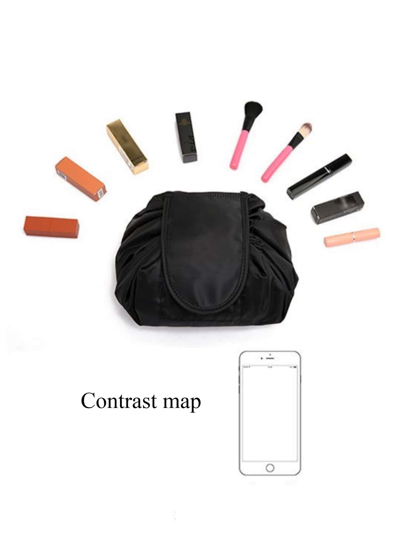 1pc Portable Polyester Makeup Storage Bag, Daily Black Drawstring Design Make Up Organizer Storage Bag For Outdoor Travel - Negative Apparel