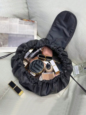 1pc Portable Polyester Makeup Storage Bag, Daily Black Drawstring Design Make Up Organizer Storage Bag For Outdoor Travel - Negative Apparel