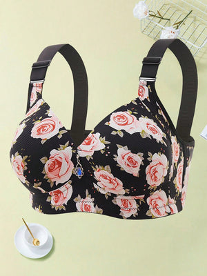 1pc Rose Printed Bra With Anti - Sagging, Push - Up & Wireless Features Bra - Negative Apparel