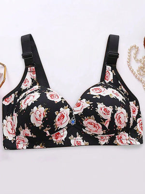 1pc Rose Printed Bra With Anti - Sagging, Push - Up & Wireless Features Bra - Negative Apparel