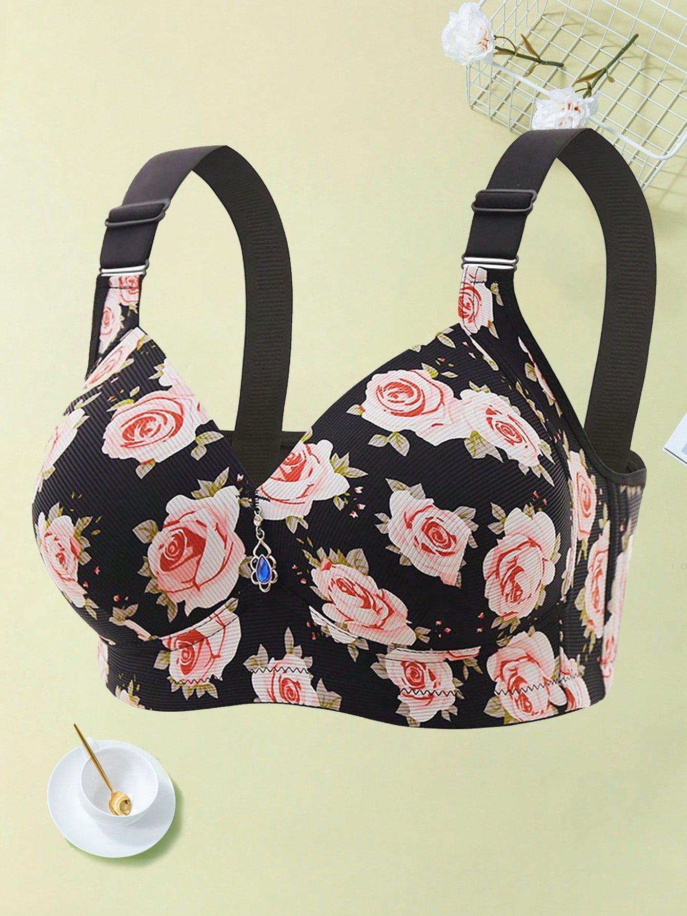 1pc Rose Printed Bra With Anti - Sagging, Push - Up & Wireless Features Bra - Negative Apparel