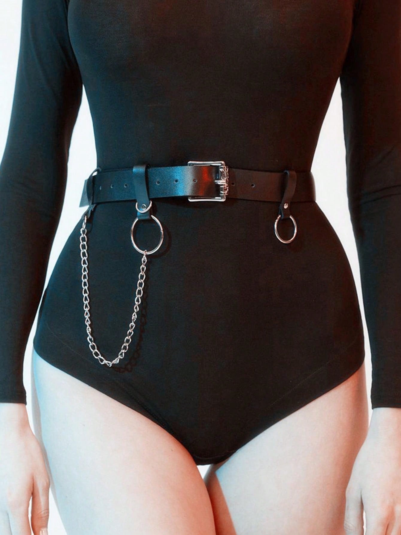 1pc Simple Black PU Leather Waist Belt Harness With Chain, Fashion Accessory For Women's Punk Attire - Negative Apparel
