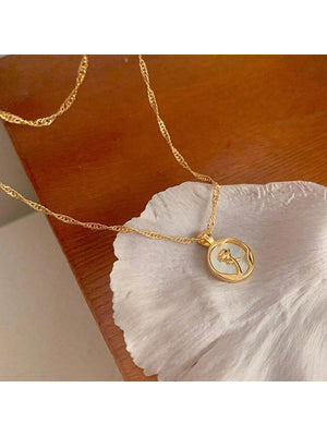 1pc Vintage White Rose Pendant Necklace, Minimalist Design Collarbone Chain With Metal Disc Pendant - Sweet And Unique - Negative Apparel