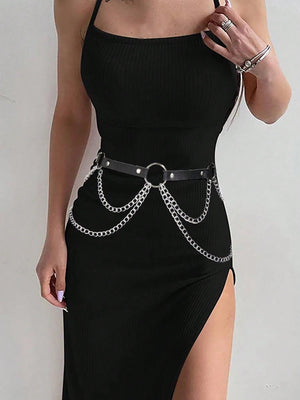 1PC Women Black Leather Waistband Chain Harness Waist Seal Punk Gothic Clothing Accessory Daily Use And Festival Use Halloween - Negative Apparel