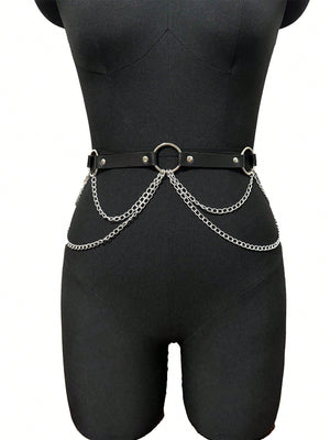 1PC Women Black Leather Waistband Chain Harness Waist Seal Punk Gothic Clothing Accessory Daily Use And Festival Use Halloween - Negative Apparel