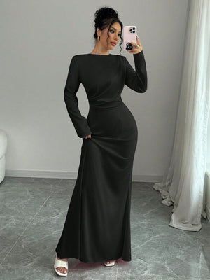 1pc Women Elegant Romantic Crinkle Dress Maxi Satin Women Outfit - Negative Apparel