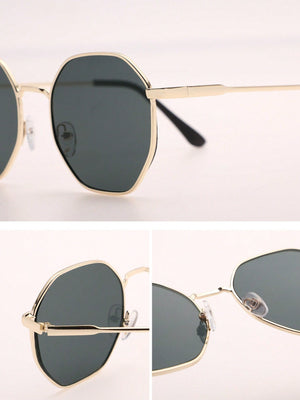 1pc Women Geometric Frame Copper Classical Fashion Golden Sunglasses For Outdoor Travel UV400 Daily School Clothing Accessories - Negative Apparel