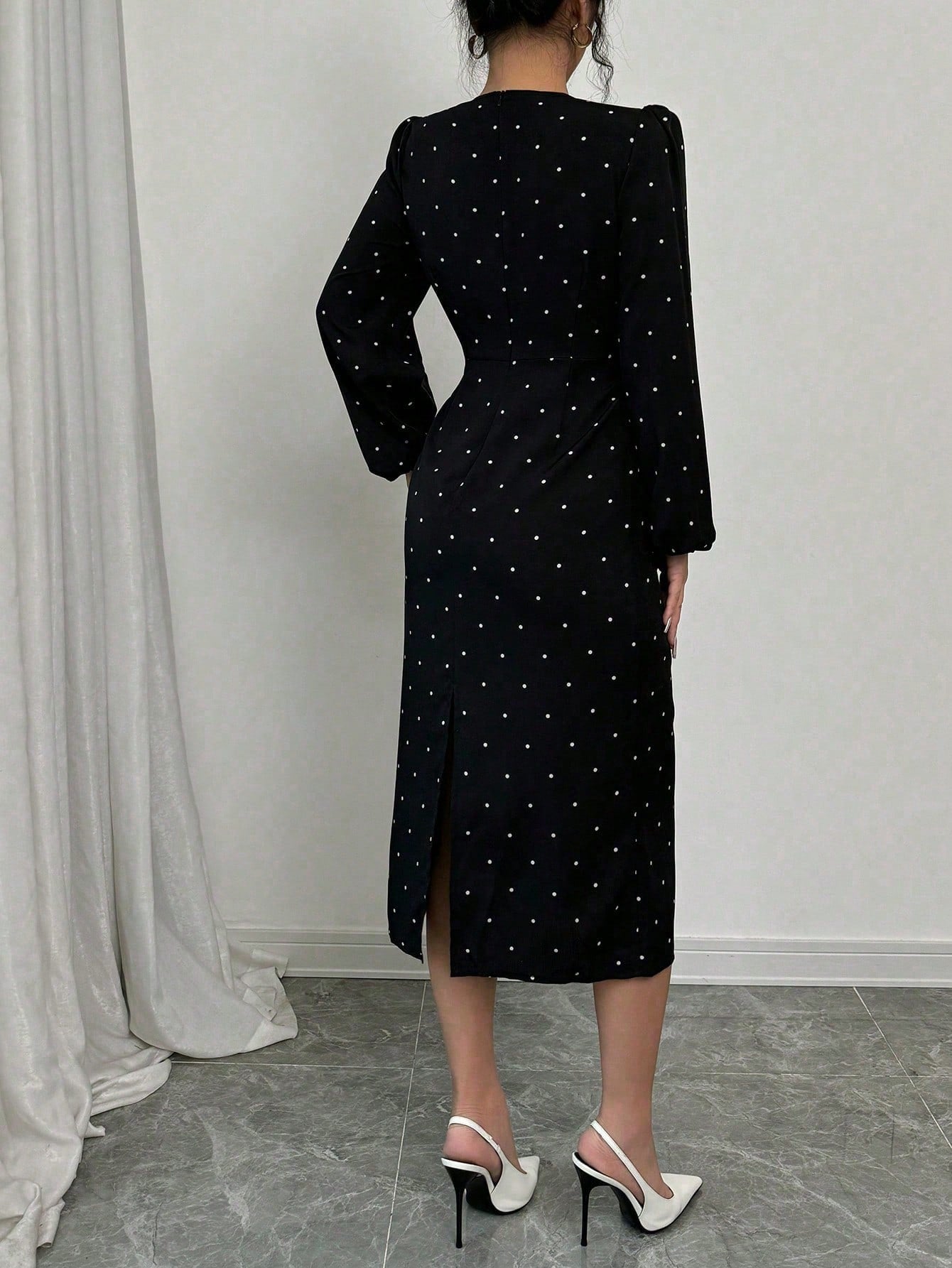 1pc Women Polka Dot Print Bow Decor Long Sleeve Slit Midi Dress Maxi Women Outfit - Negative Apparel