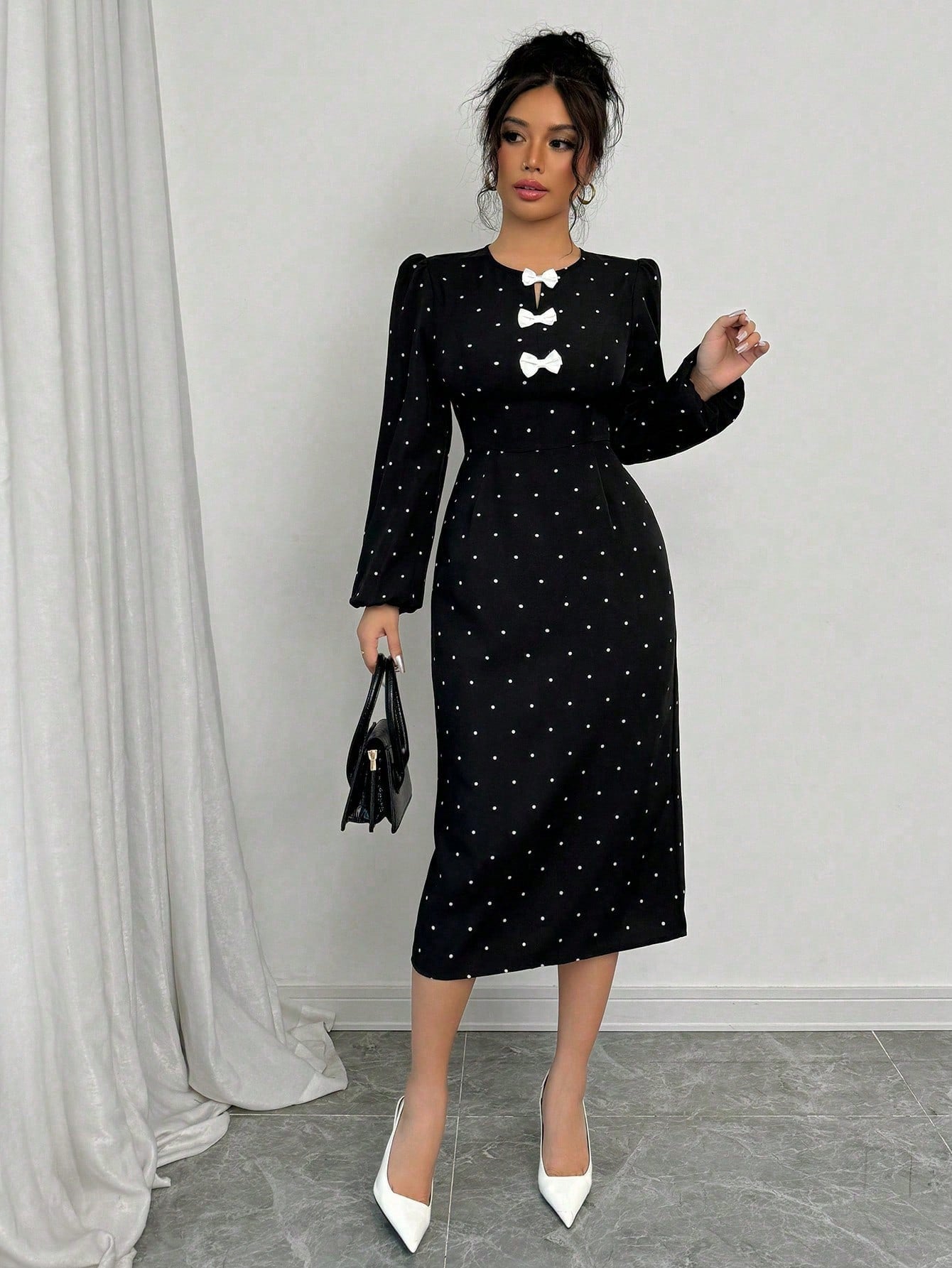 1pc Women Polka Dot Print Bow Decor Long Sleeve Slit Midi Dress Maxi Women Outfit - Negative Apparel