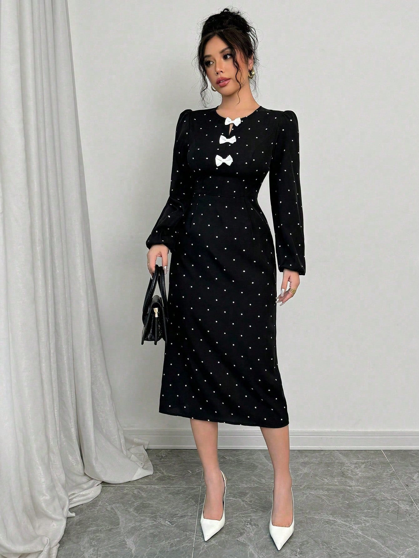 1pc Women Polka Dot Print Bow Decor Long Sleeve Slit Midi Dress Maxi Women Outfit - Negative Apparel