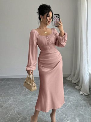 1pc Women's Elegant Square Neck Lantern Sleeve Cinched Waist Dress - Negative Apparel