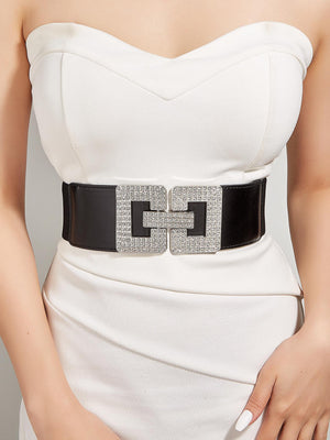 1pc Women's Fashionable Elastic Waistband Decorated Dress Belt With Square Shaped Buckle & Rhinestone Detail, Suitable For Daily And Party Use - Negative Apparel