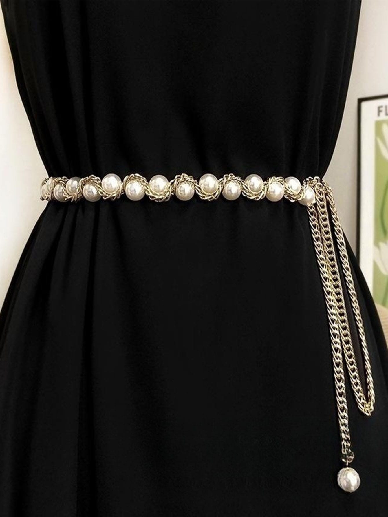 1pc Women's Golden Fashionable Pearl Decor Waist Chain, All-match Accessory To Match Dresses, Shirts, Etc. - Negative Apparel