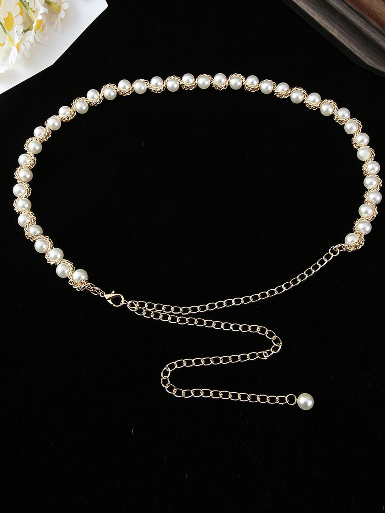 1pc Women's Golden Fashionable Pearl Decor Waist Chain, All-match Accessory To Match Dresses, Shirts, Etc. - Negative Apparel