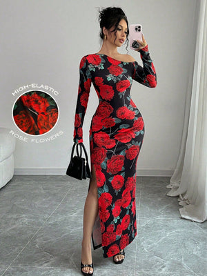 1pc Women's Oblique Collar High Slit Floral Print Wrap Waist Design Dress Maxi Women Outfit - Negative Apparel