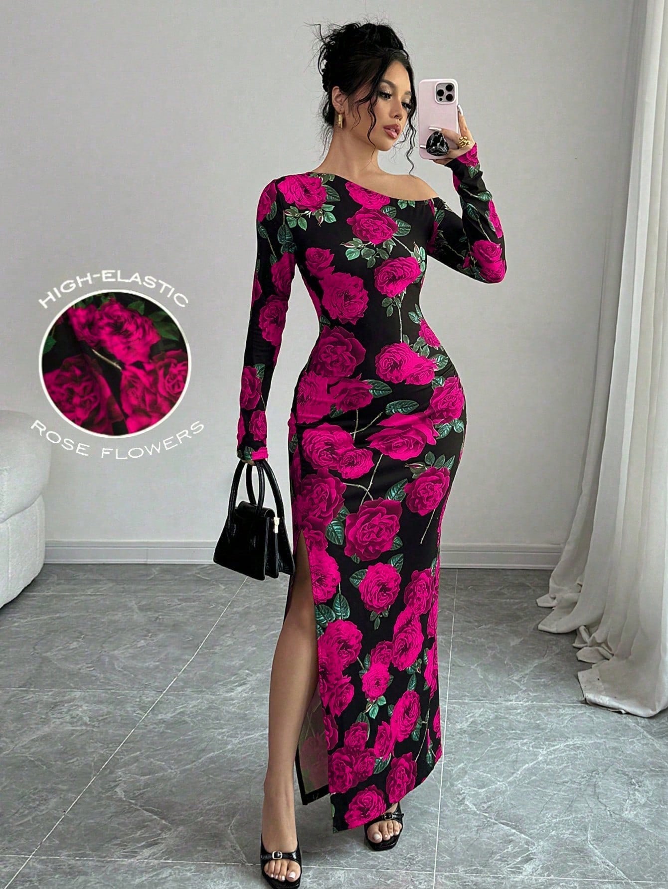Elegant Floral Draw String Slit Oblique Collar Printed Dresses Elegant Floral Draw String Slit Oblique Collar Printed Dresses