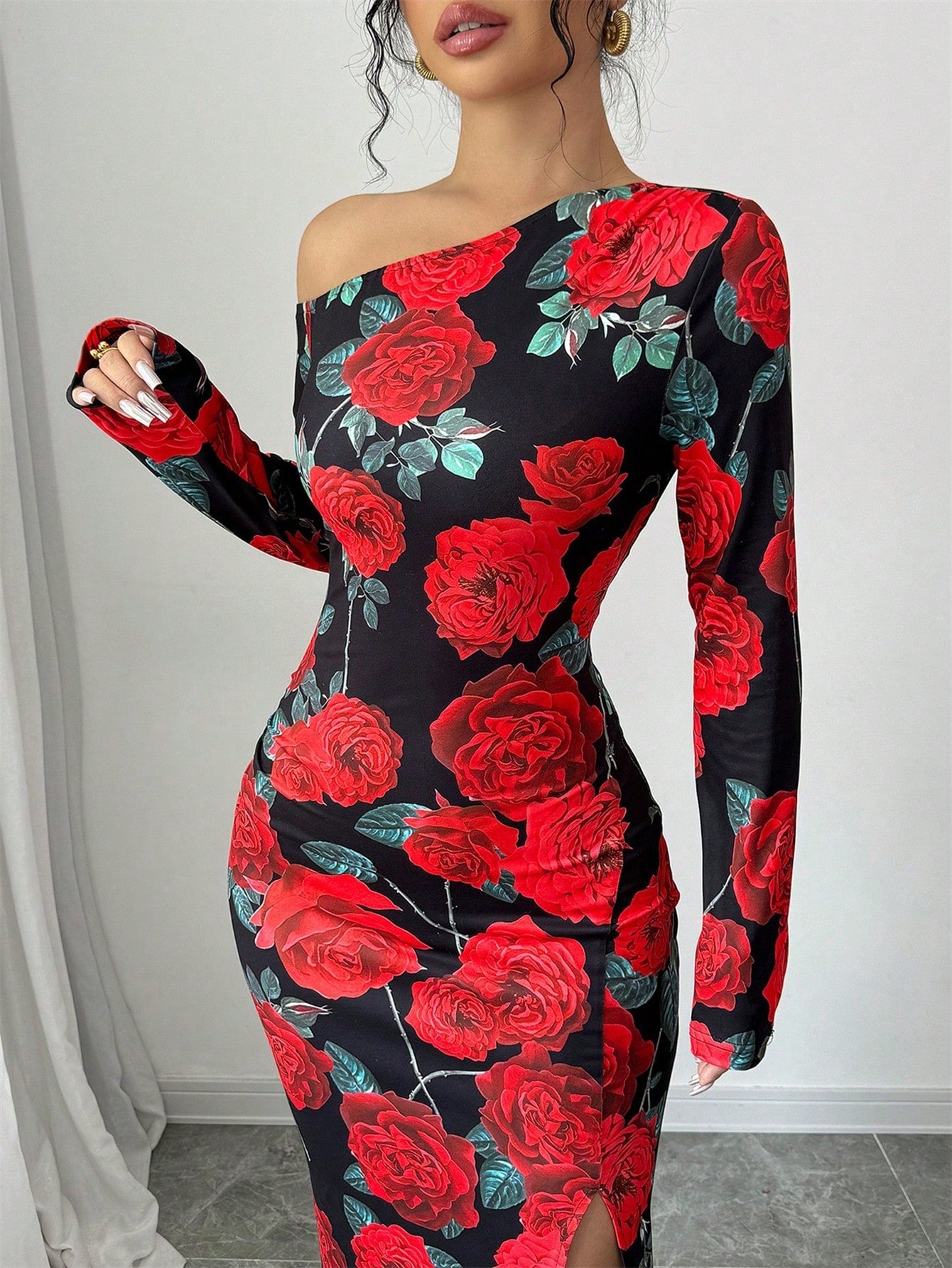 1pc Women's Oblique Collar High Slit Floral Print Wrap Waist Design Dress Maxi Women Outfit - Negative Apparel