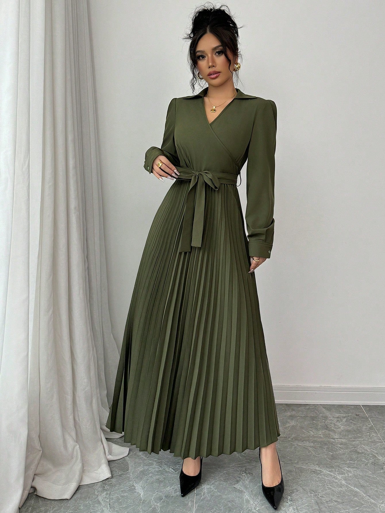 1pc Women's Solid Color Front - Tie Long Sleeve Casual Long Dress Maxi Women Outfit - Negative Apparel