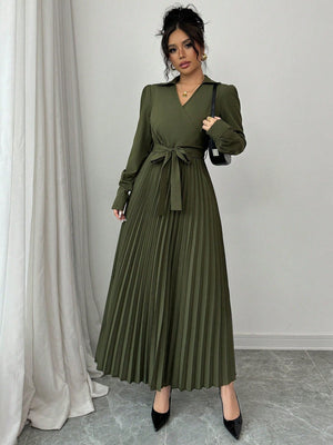 1pc Women's Solid Color Front - Tie Long Sleeve Casual Long Dress Maxi Women Outfit - Negative Apparel