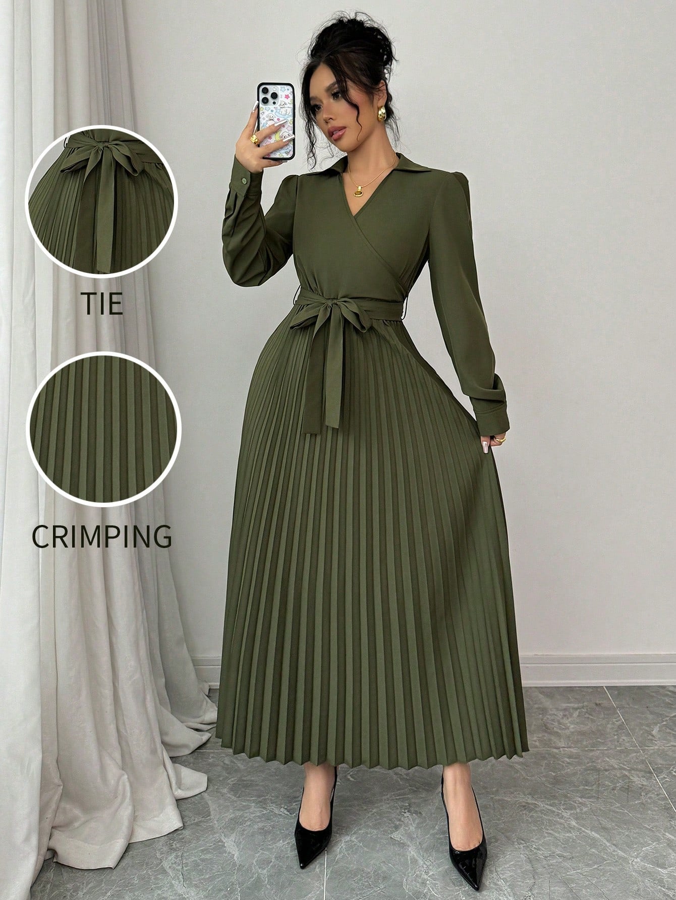 1pc Women's Solid Color Front - Tie Long Sleeve Casual Long Dress Maxi Women Outfit - Negative Apparel